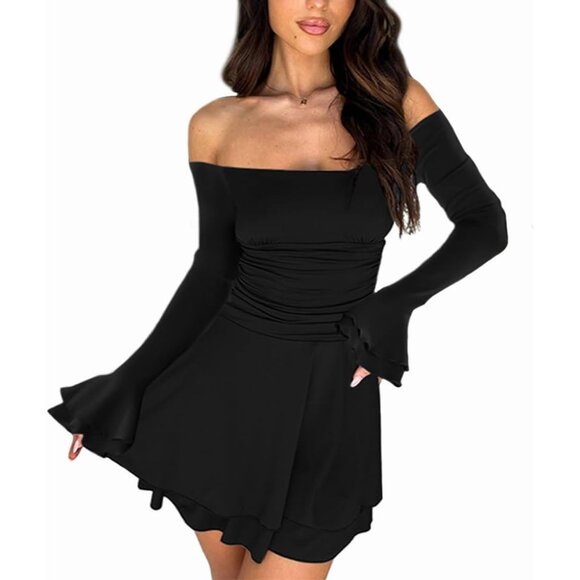 Women's Long Sleeve Tube Dress Sexy Off Shoulder Ruffle Tiered Flowy Bodycon Min - Picture 1 of 5